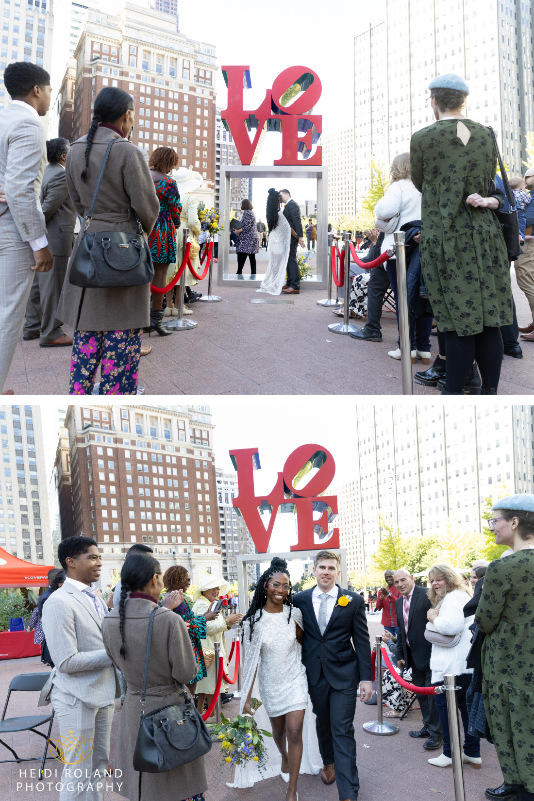 bride and groom kiss at Love Park Wedding Ceremony