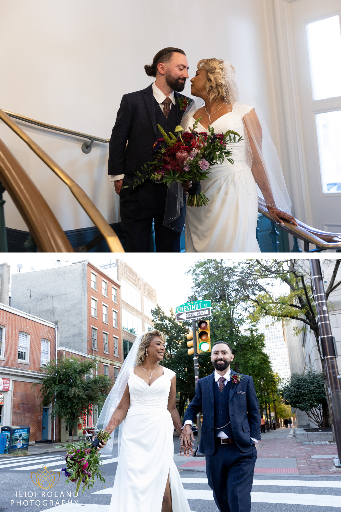 Bride and Groom on stairs in Independence Park Hotel Philadelphia