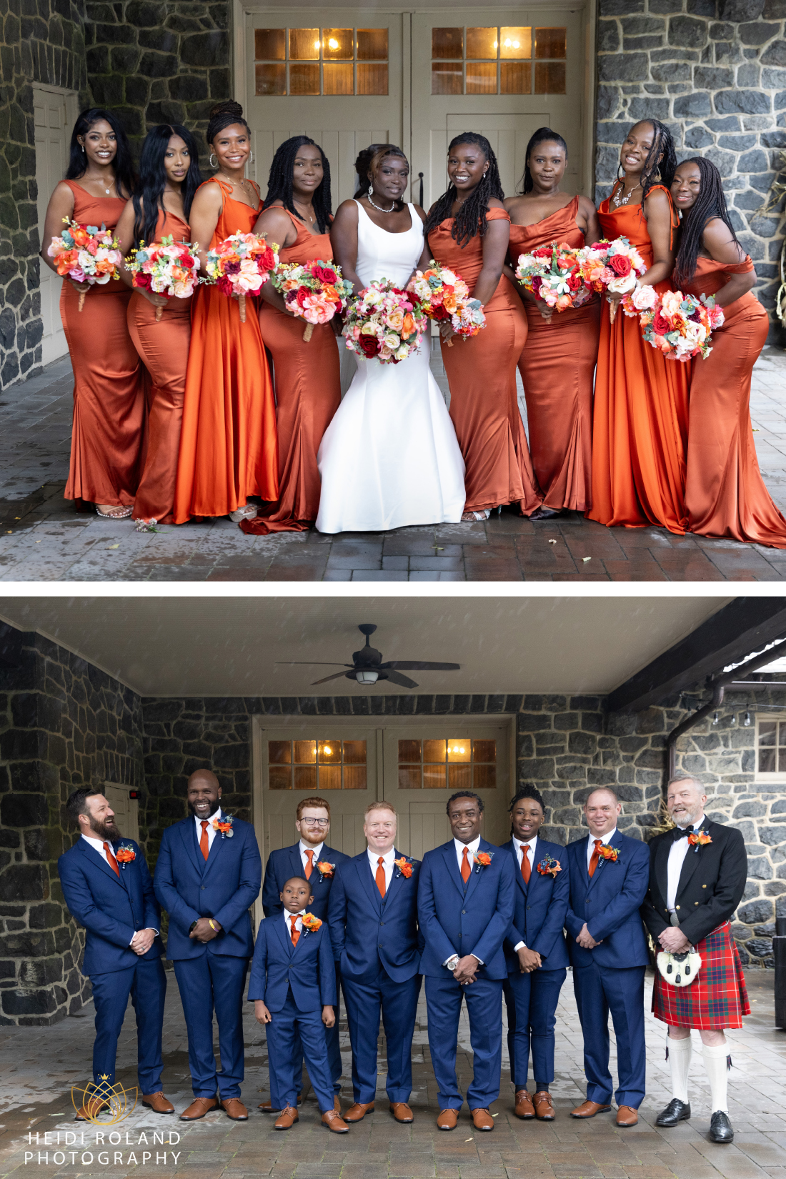 bridesmaids in orange and groomsmen in blue 
