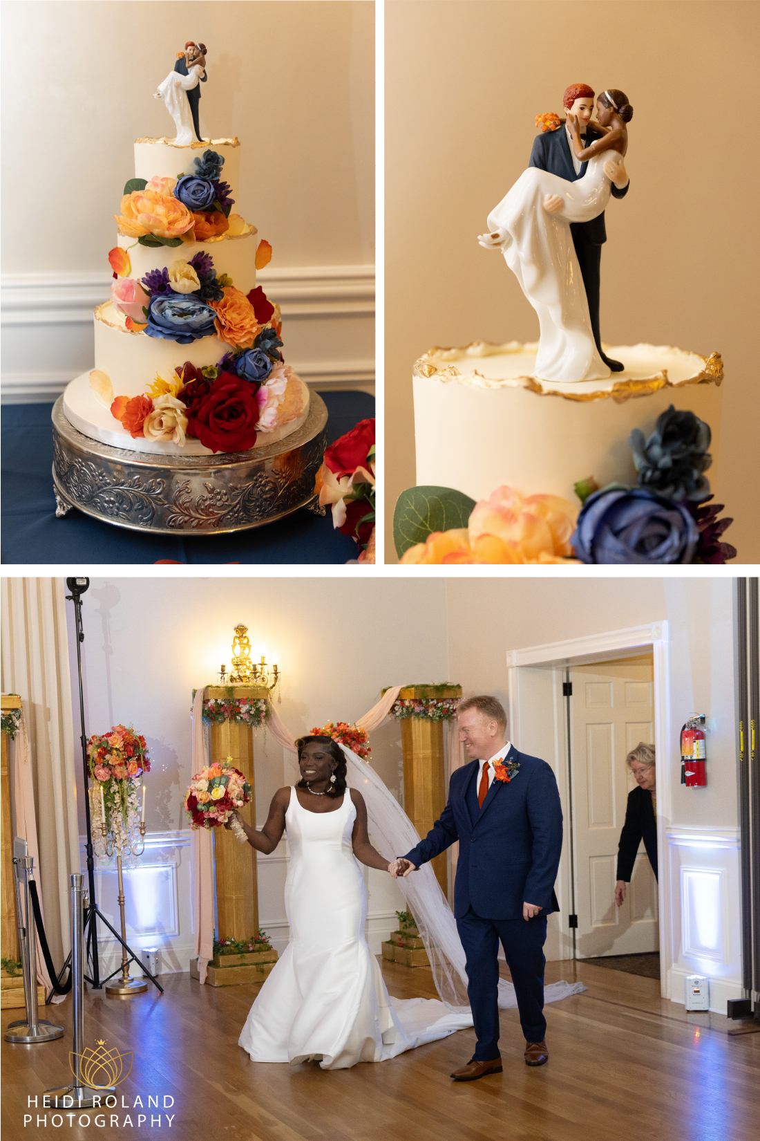 wedding cake and bride and groom entrance into reception in University and Whist Club Wedding 
