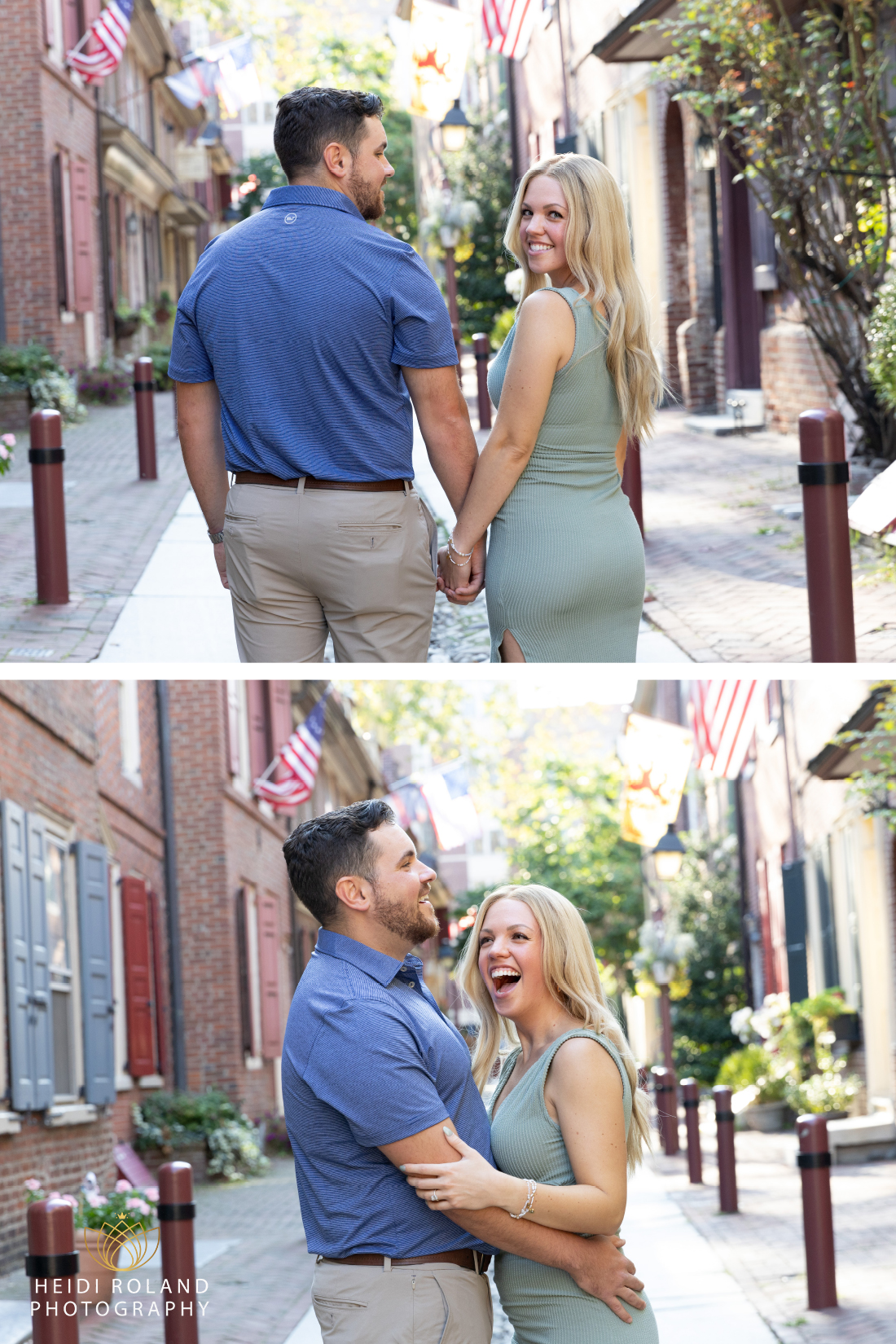 Newly engaged couple laughing in Philadelphia's Elfreth's Alley