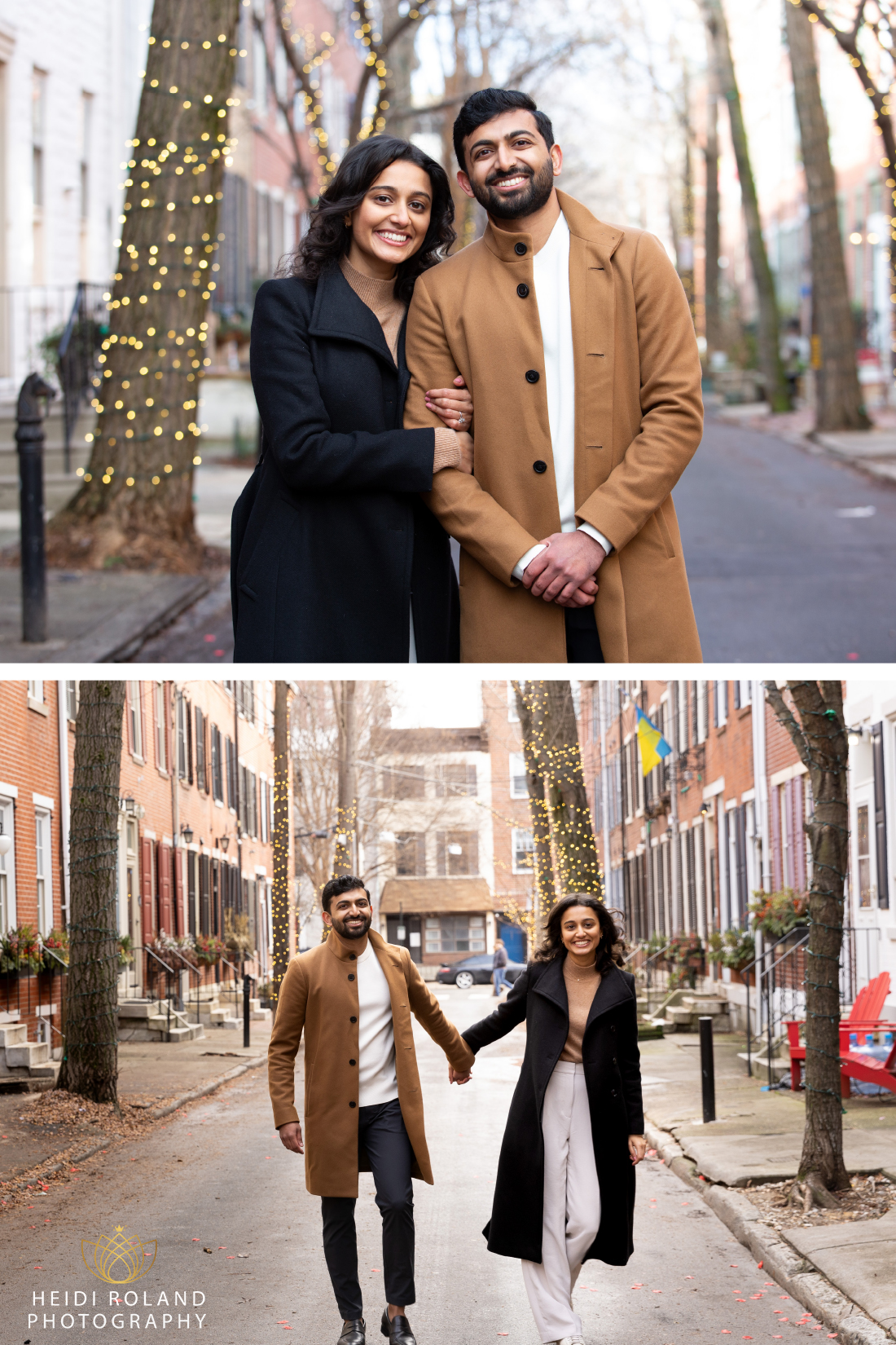 couple smiling and walking down historic street in Philadelphia PA