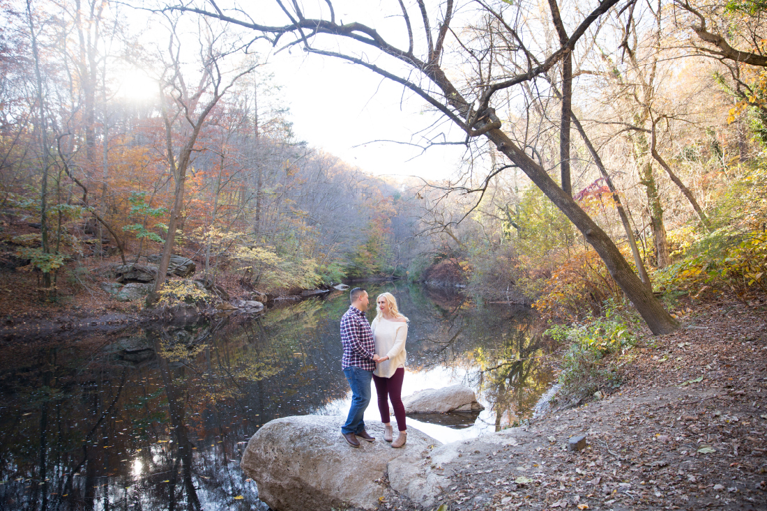 Fall Wissahickon valley park engagement session in Philadelphia PA by the creek