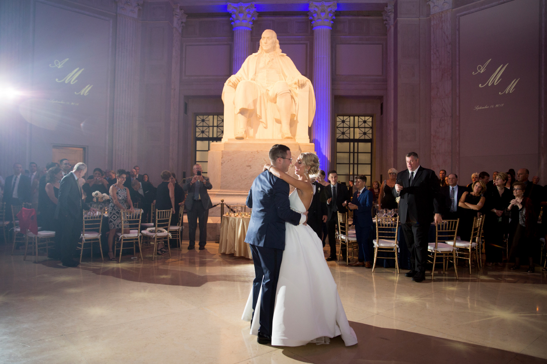 bride and groom first dance at Franklin Institute wedding 