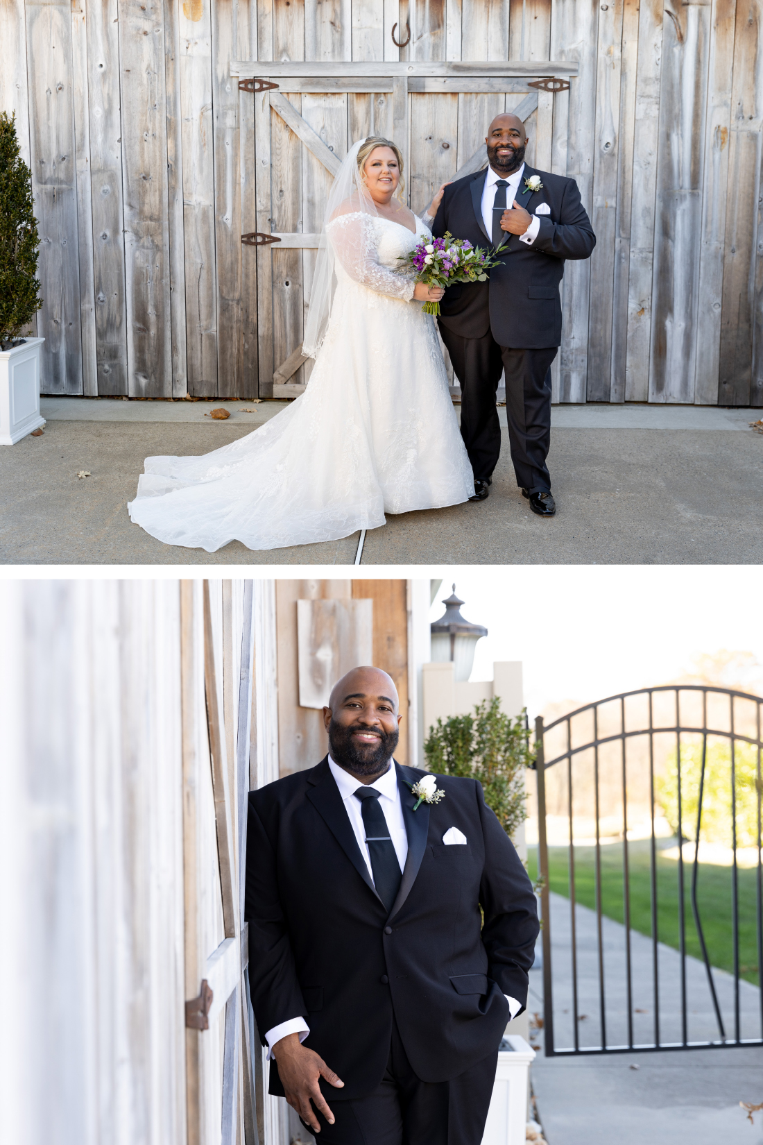 outside wedding photos at RiverCrest Golf Club of bride and groom barn door