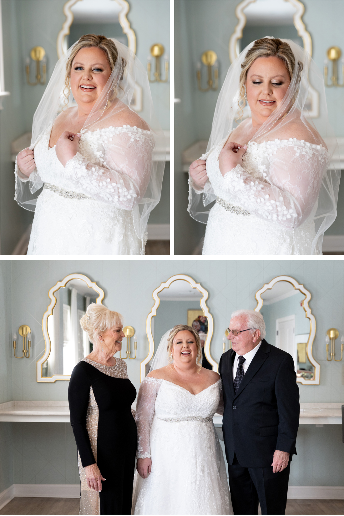 bride with parents in RiverCrest Golf Club Wedding bridal suite 