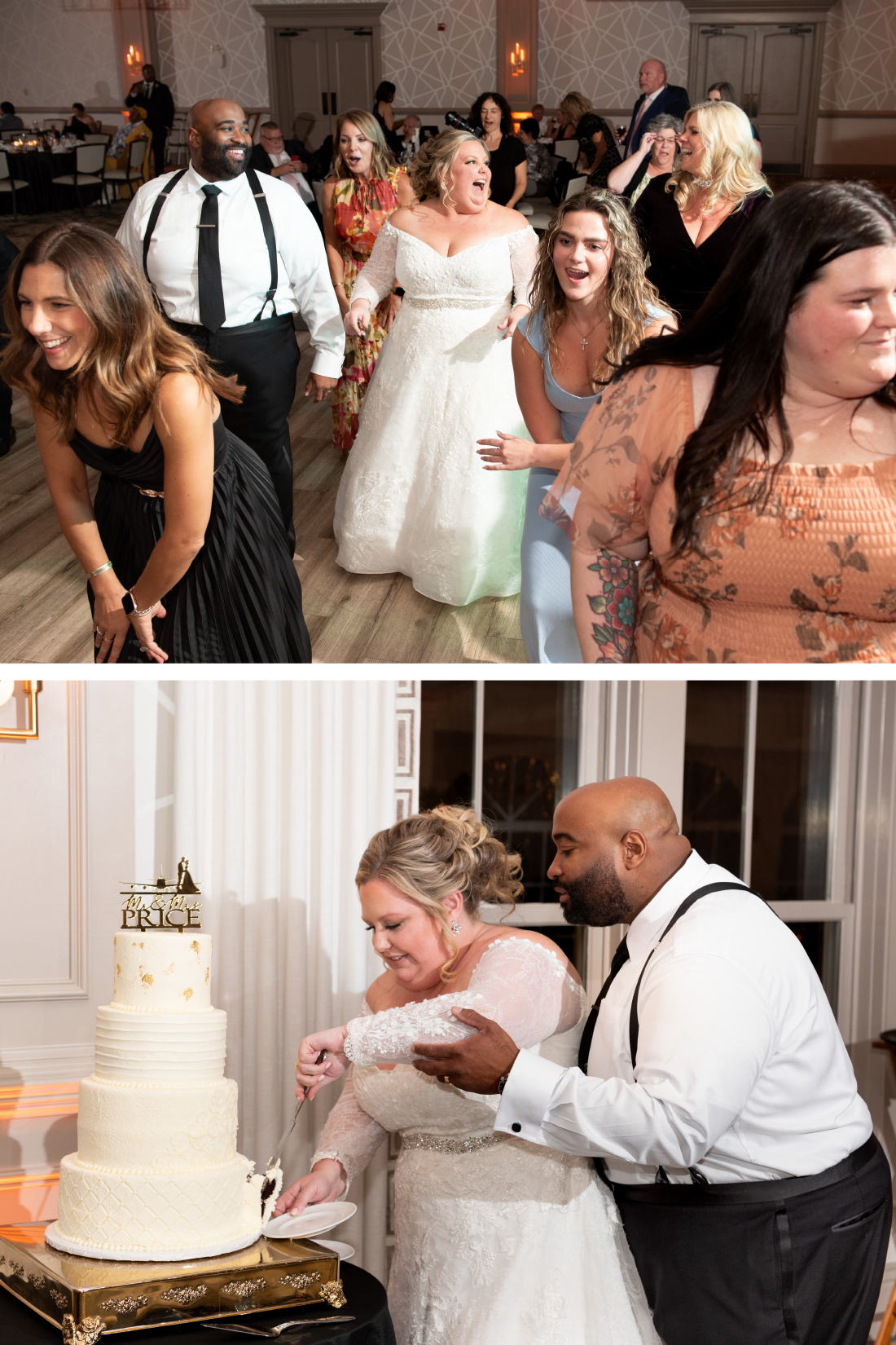 bride and groom cutting their wedding cake at RiverCrest Golf Club wedding 