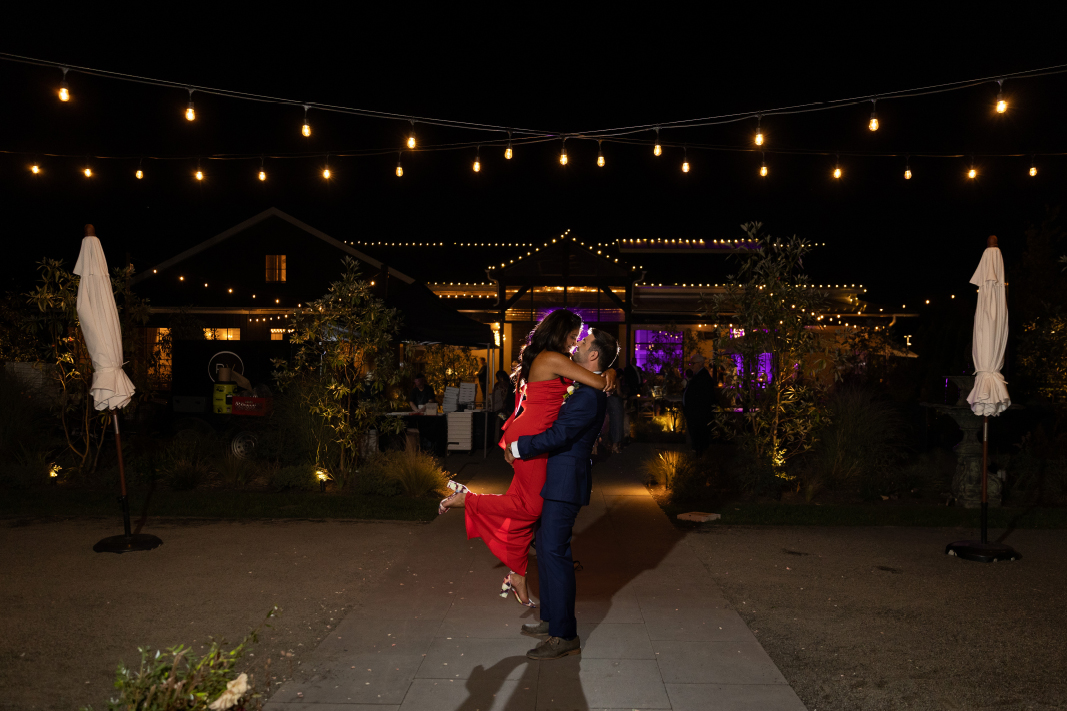 Night Photo of Bride and groom outside the Terrain Gardens at Delval wedding venue PA
