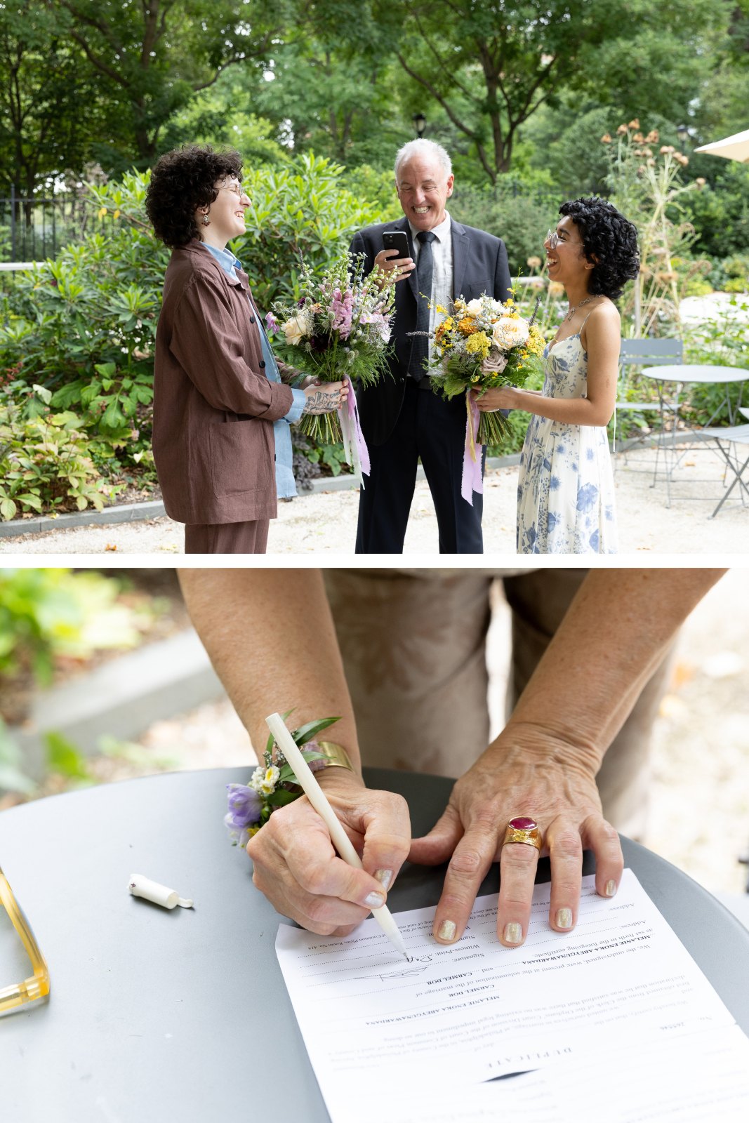 brides laugh during wedding ceremony in garden in Philadelphia 