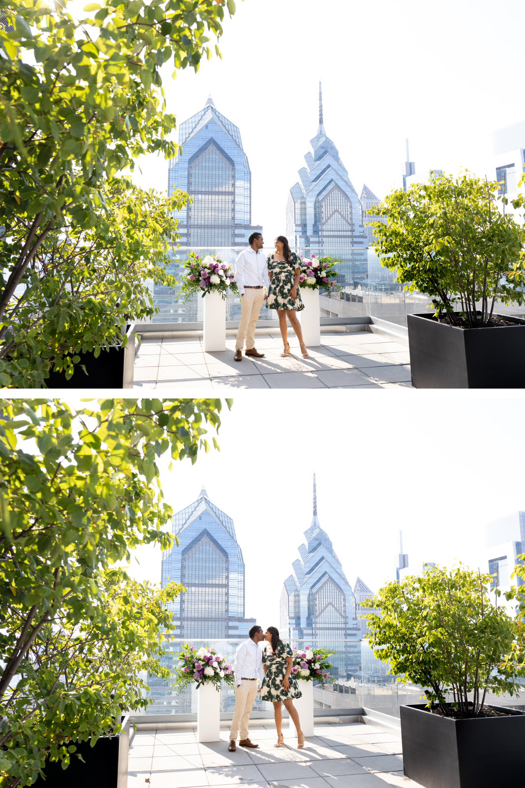 couple kisses on a rooftop in Philadelphia after proposing