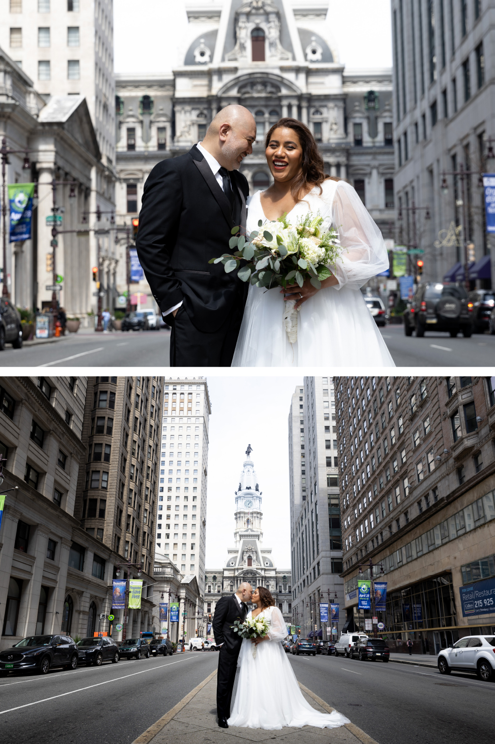 bride and groom on broad street photo by Heidi Roland Photography