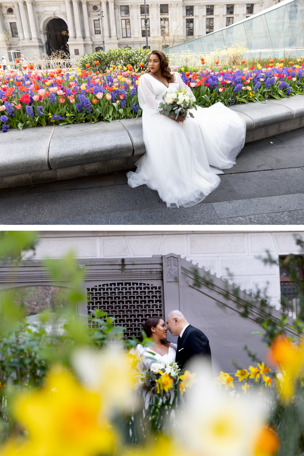bride with spring flowers outside on Dilworth Plaza