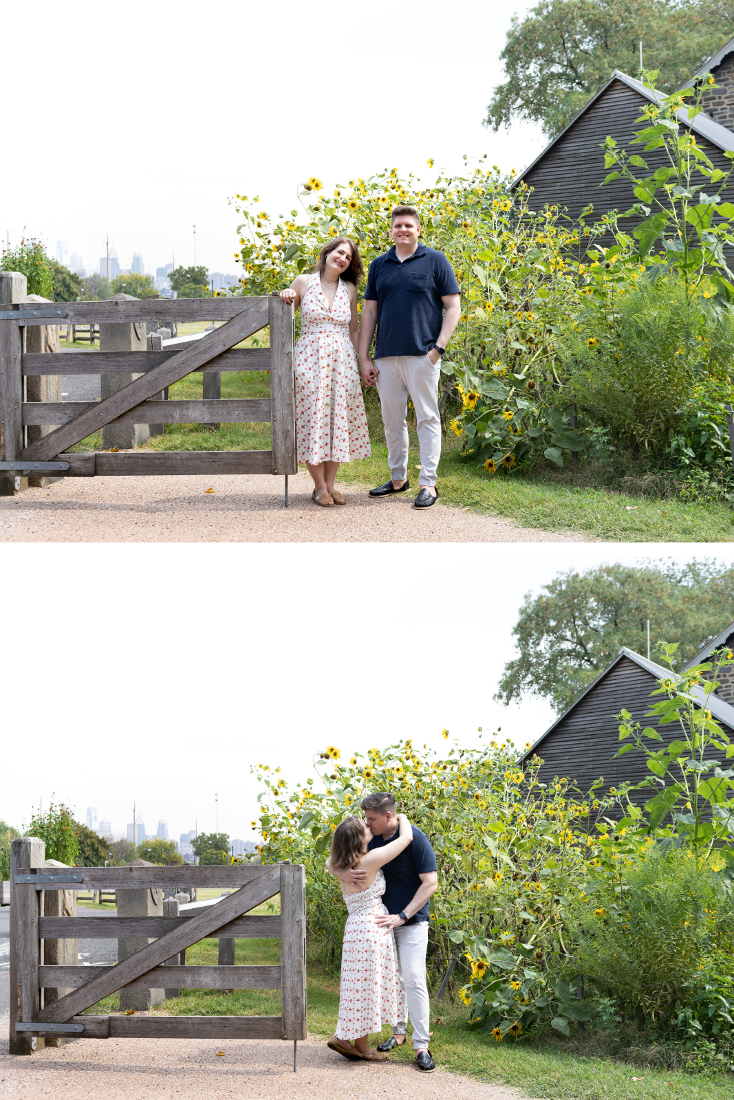 engagement photos in nature with sunflowers at public park in Philadelphia 