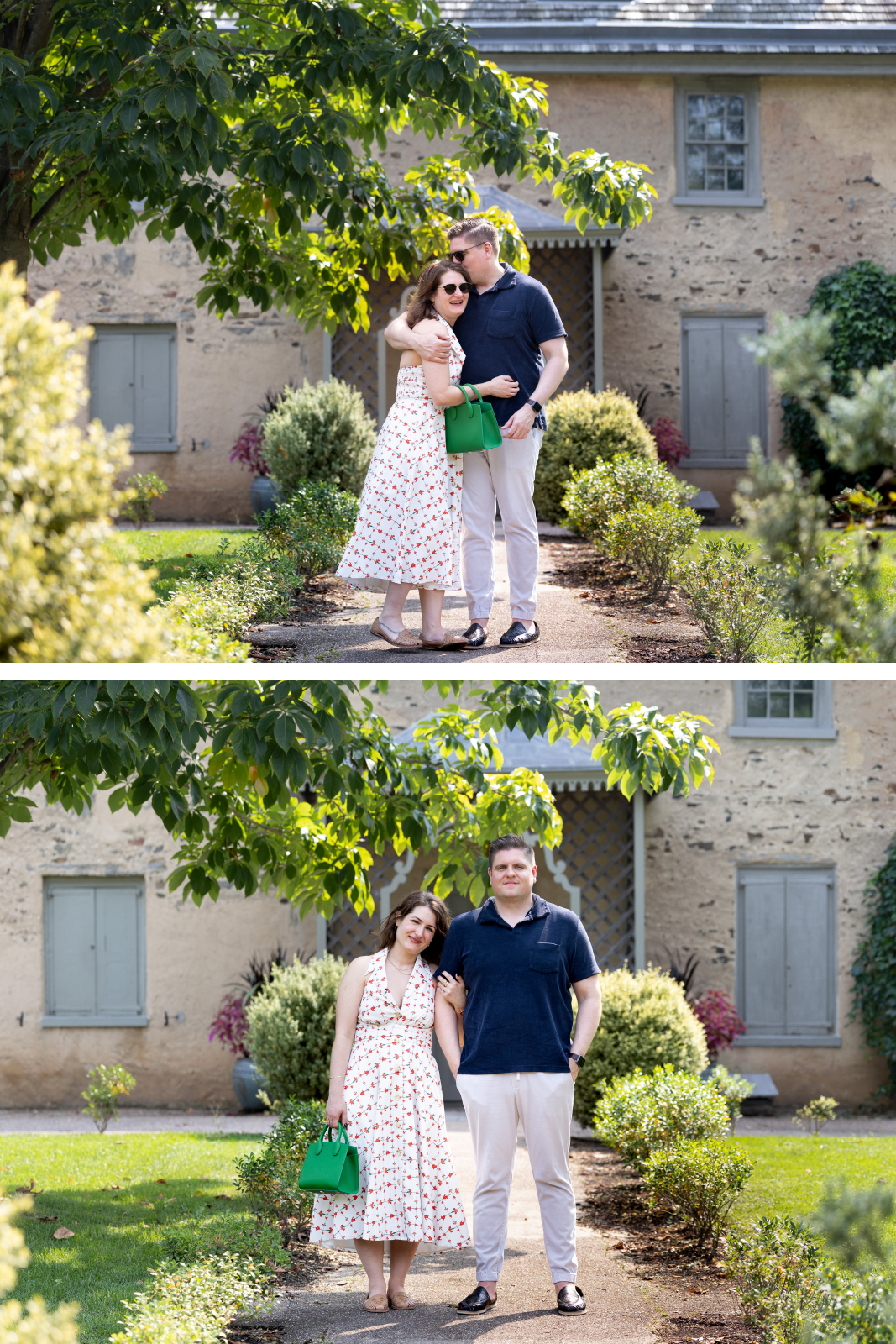 newlywed couple embraces after proposal at Bartram's Garden