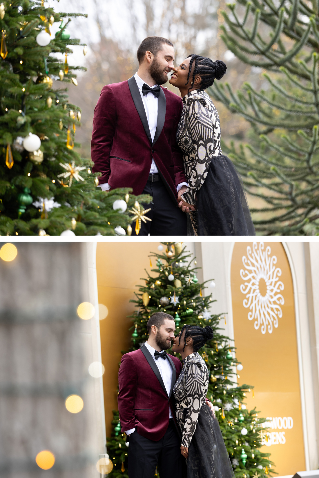 winter engagement photo session with holiday lights at Longwood
