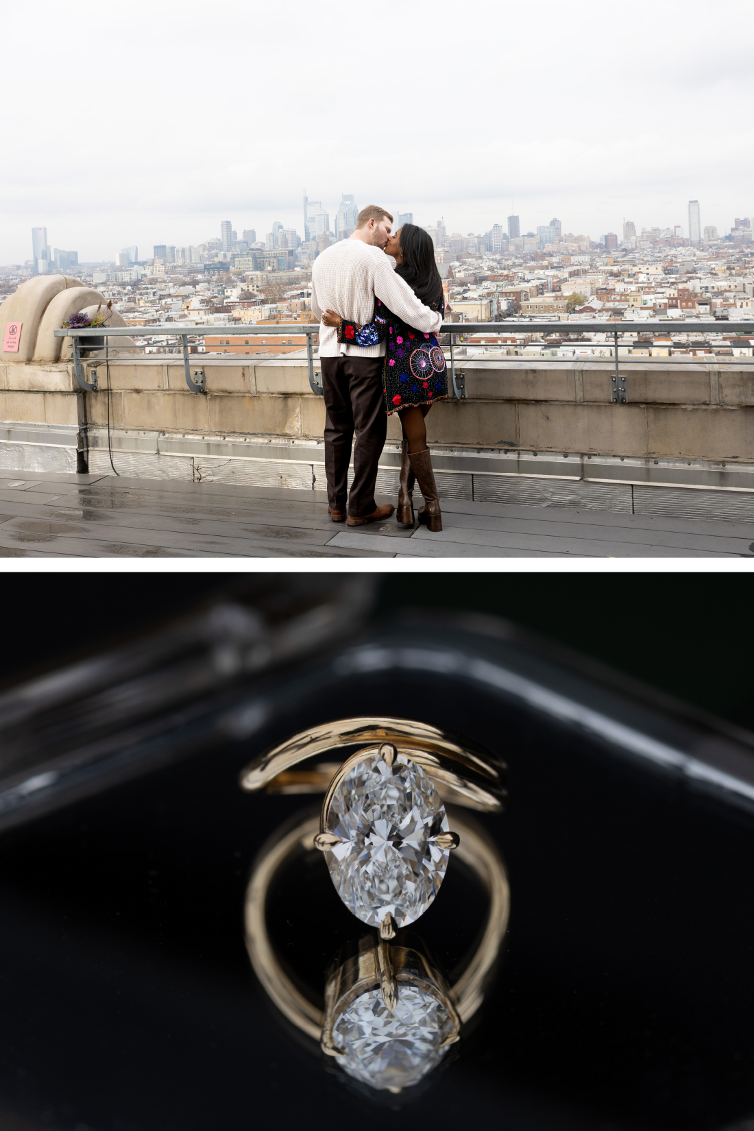 couple kissing on rooftop with Philadelphia skyline