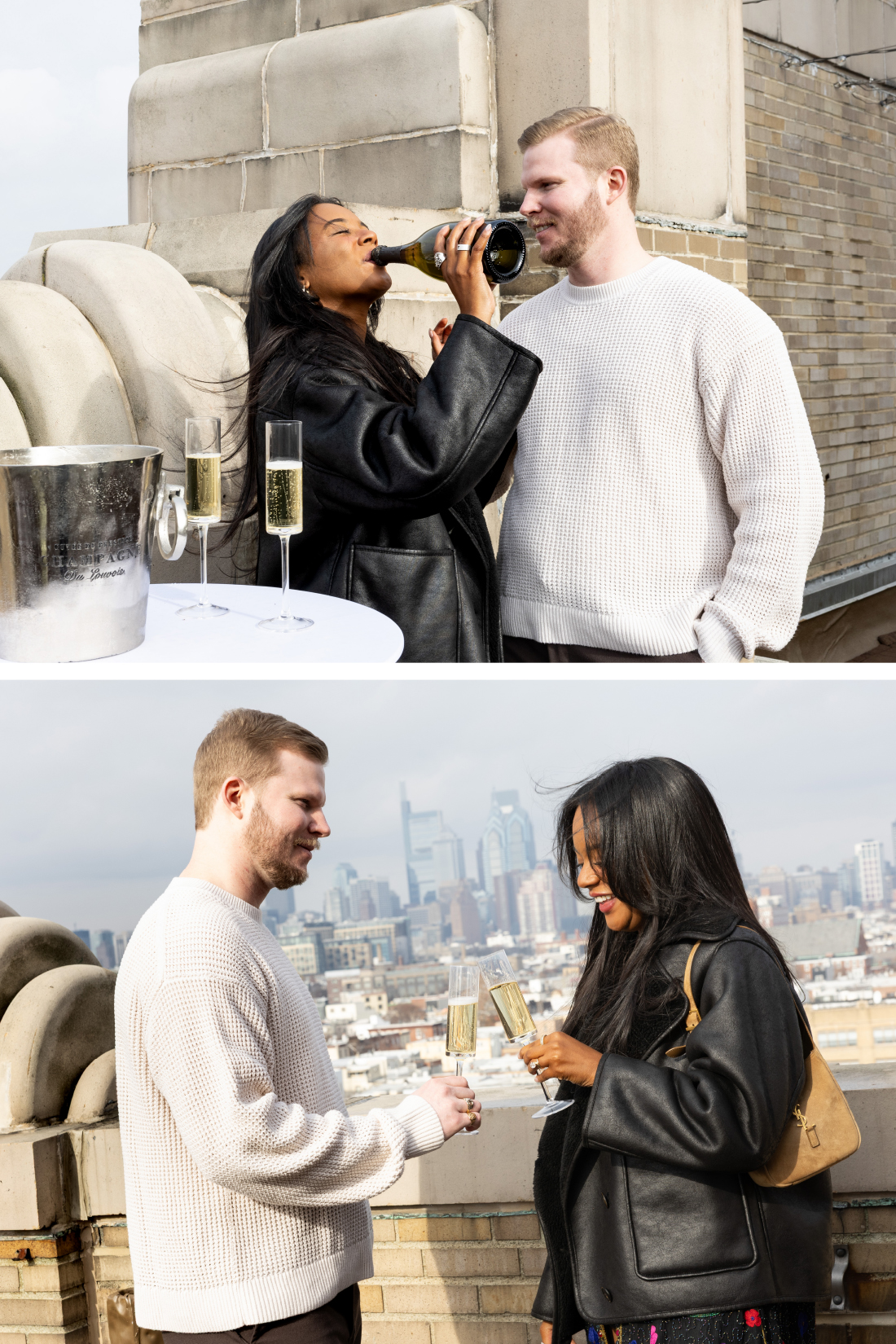 couple drinking champagne on rooftop after engagement