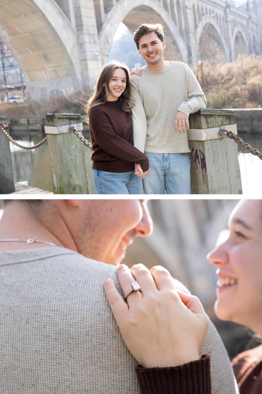 newly engaged couple smiles on walking path in Philadelphia neighborhood