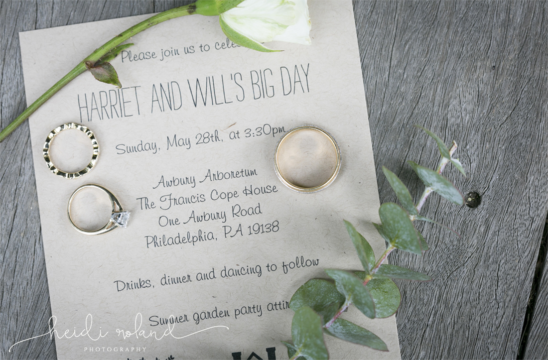 awbury arboretum wedding, wedding rings in invitation 