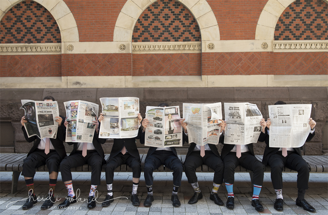 Heidi Roland Photography, silly groomsmen photo with newspapers, PAFA