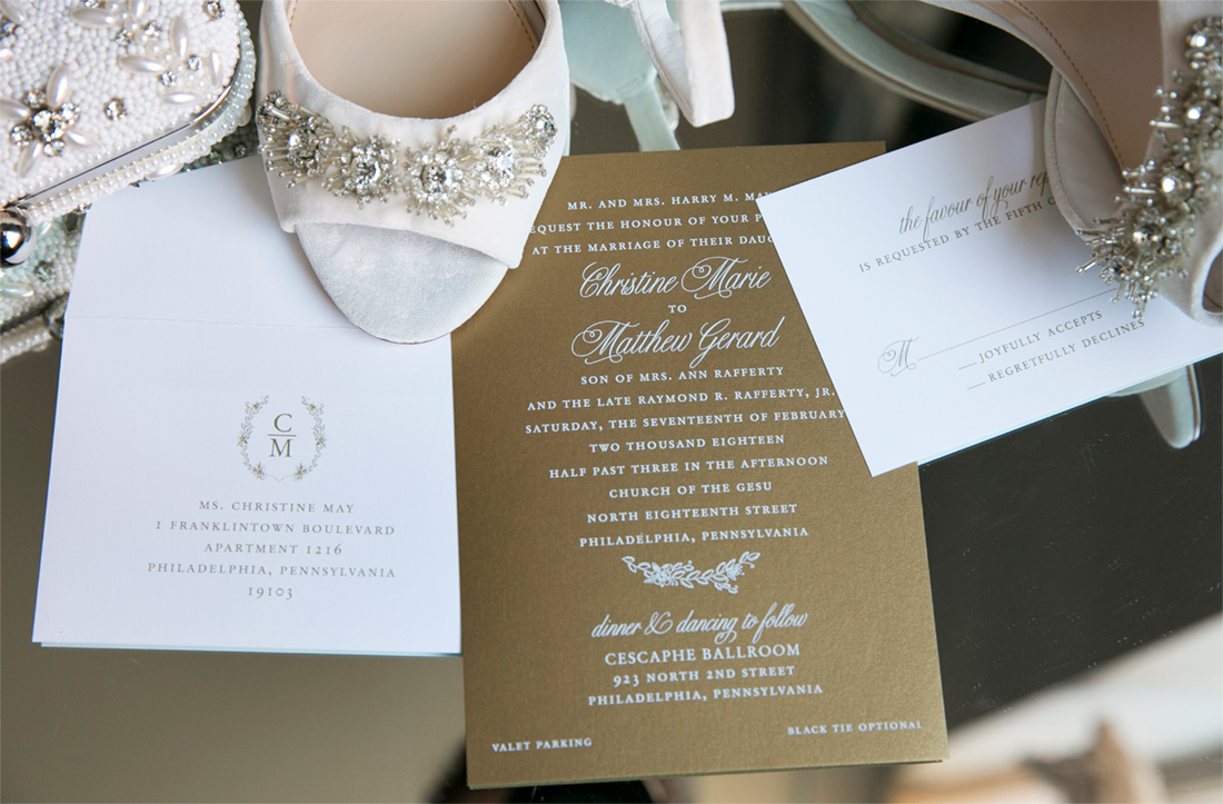 Cescaphe Ballroom Le Petite Fleur wedding invitation, white and gold