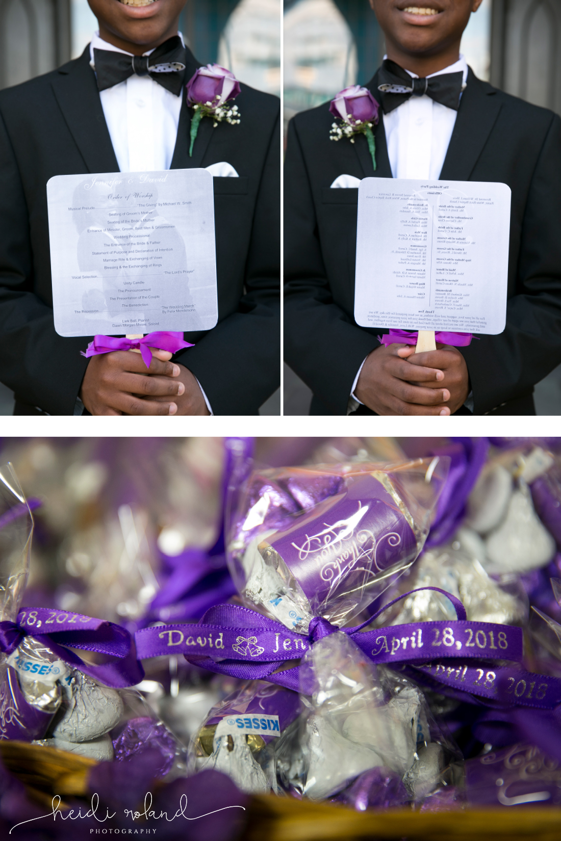 usher with purple wedding programs and fan