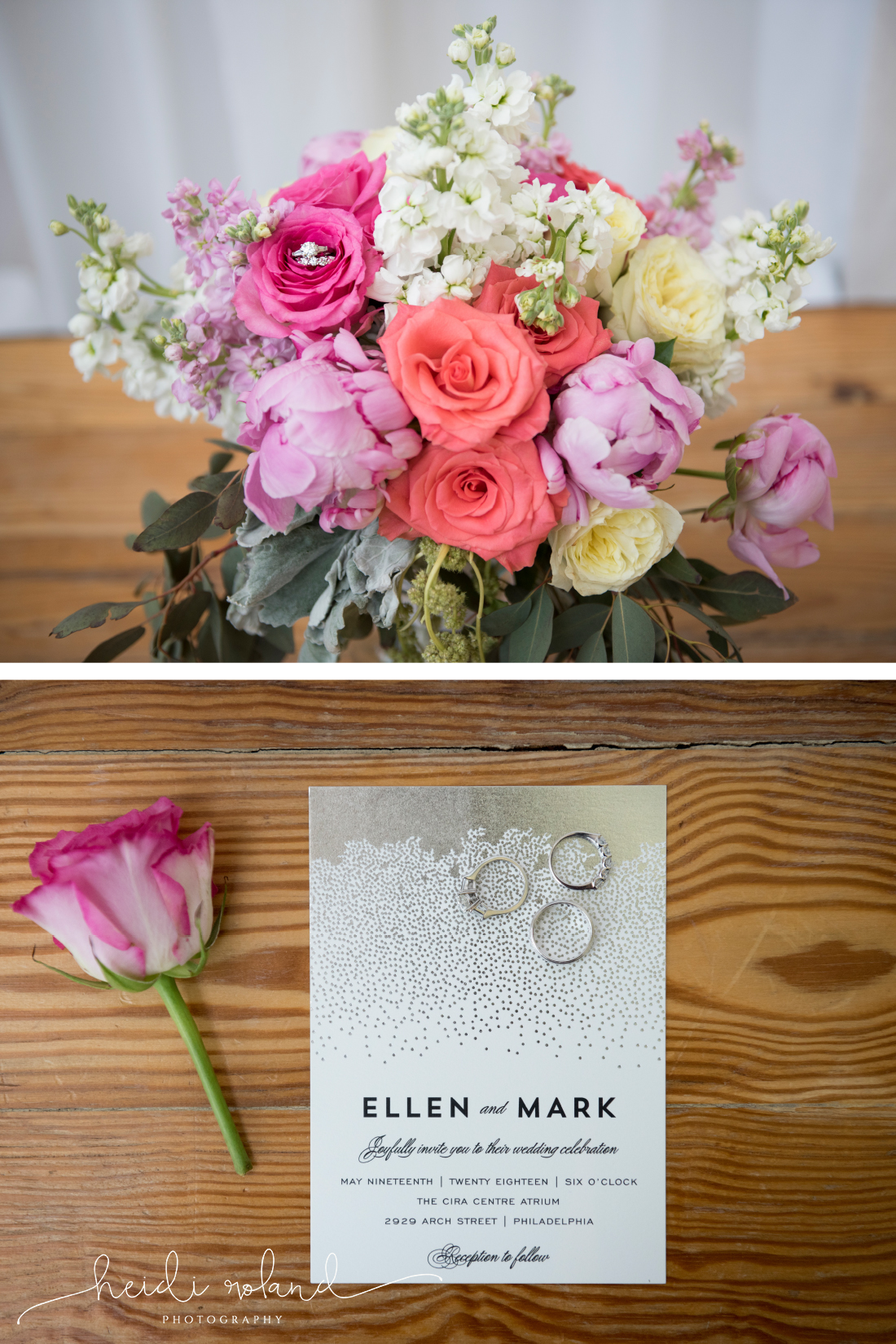 bright pink, rose, and white bridal bouquet, minted wedding invitation