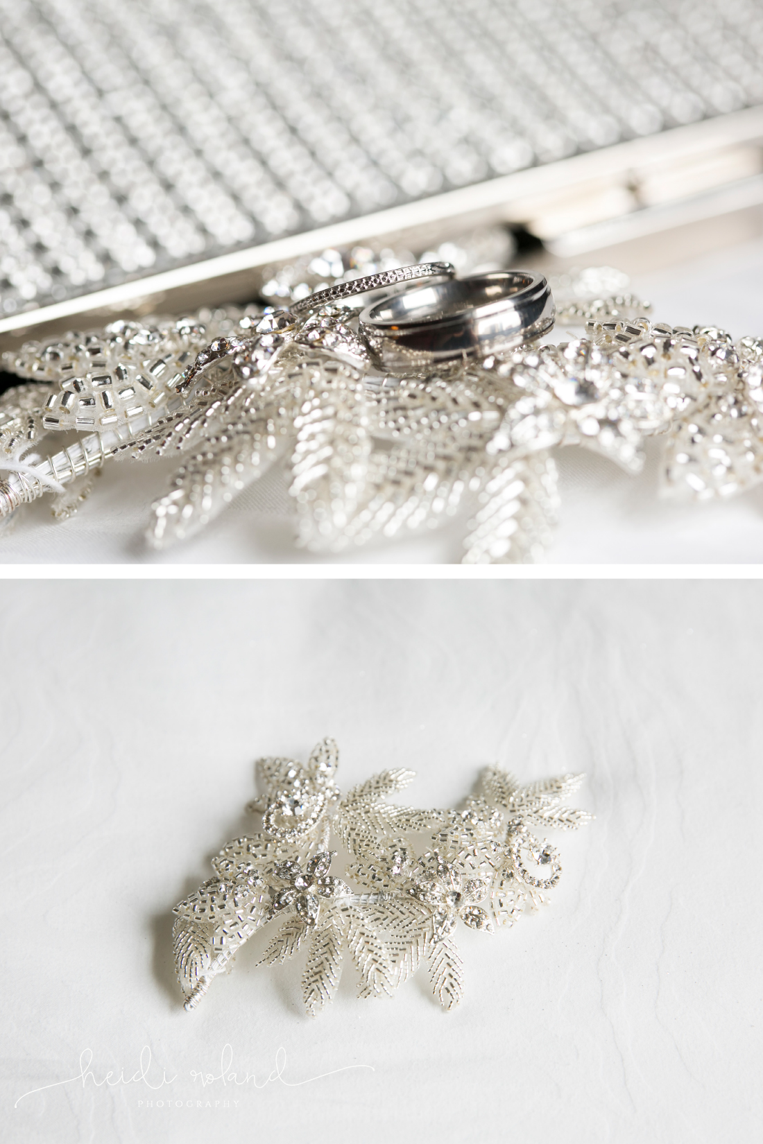 Bride's sparkly wedding details, rings, hairpiece, clutch