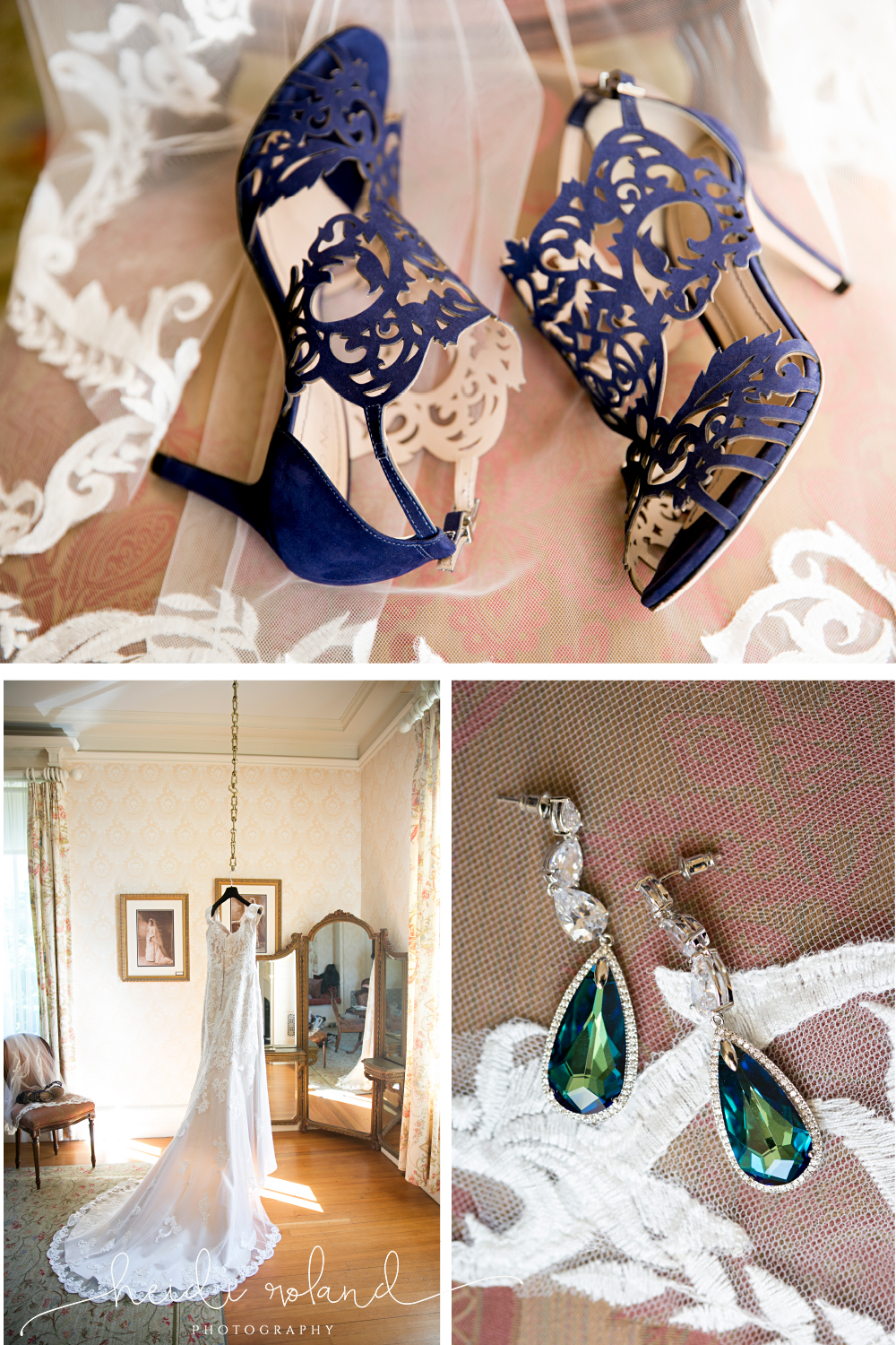Bride blue wedding shoes, wedding dress, bridal earrings