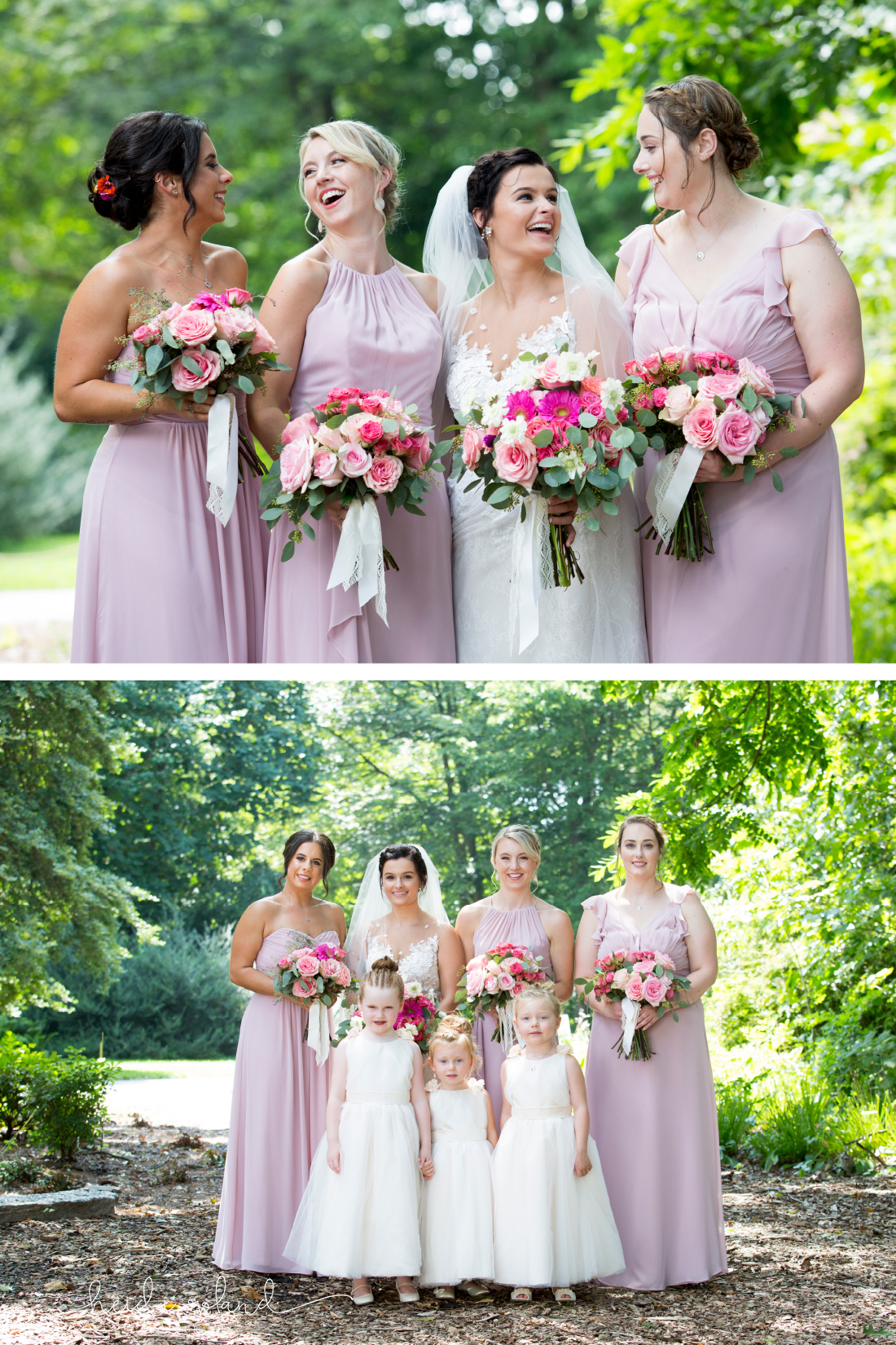 bridesmaids in Bijou Bridal dresses at Awbury Arboretum