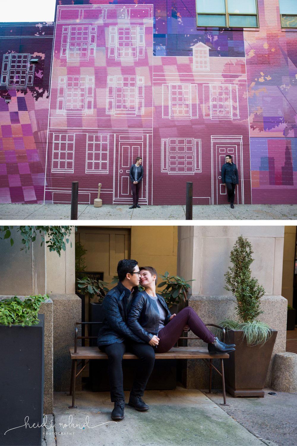 couple on city bench engagement photos