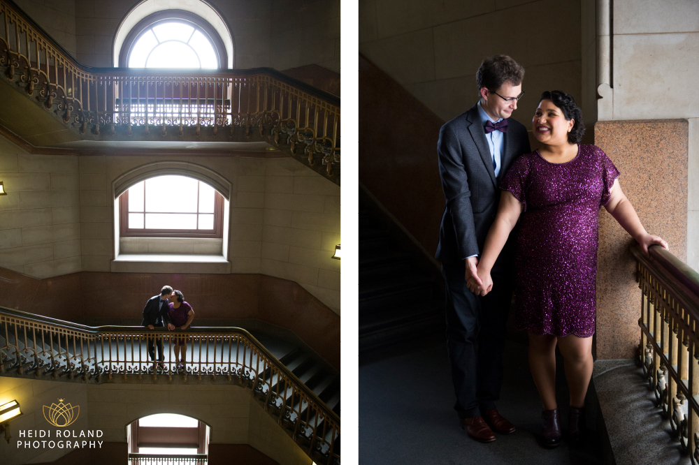 city Hall elopement bride and groom on staircase