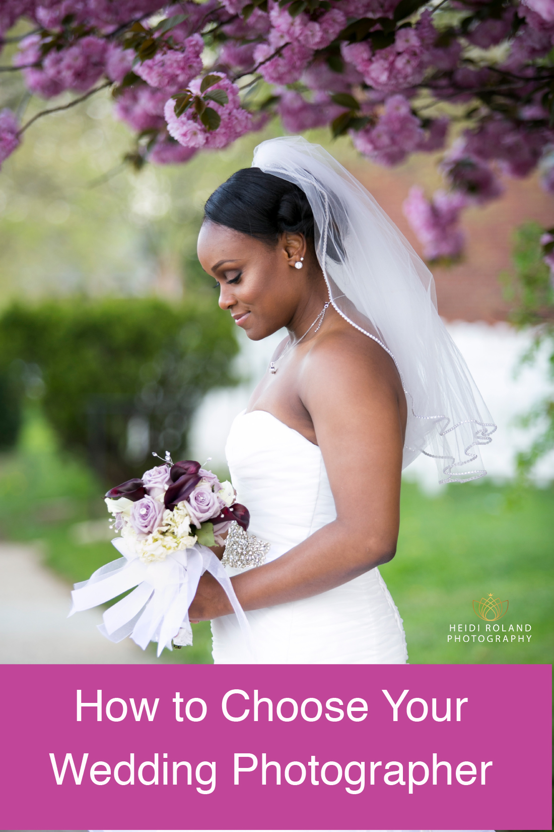 spring bride looking at bouquet - How to Choose your Wedding Photographer
