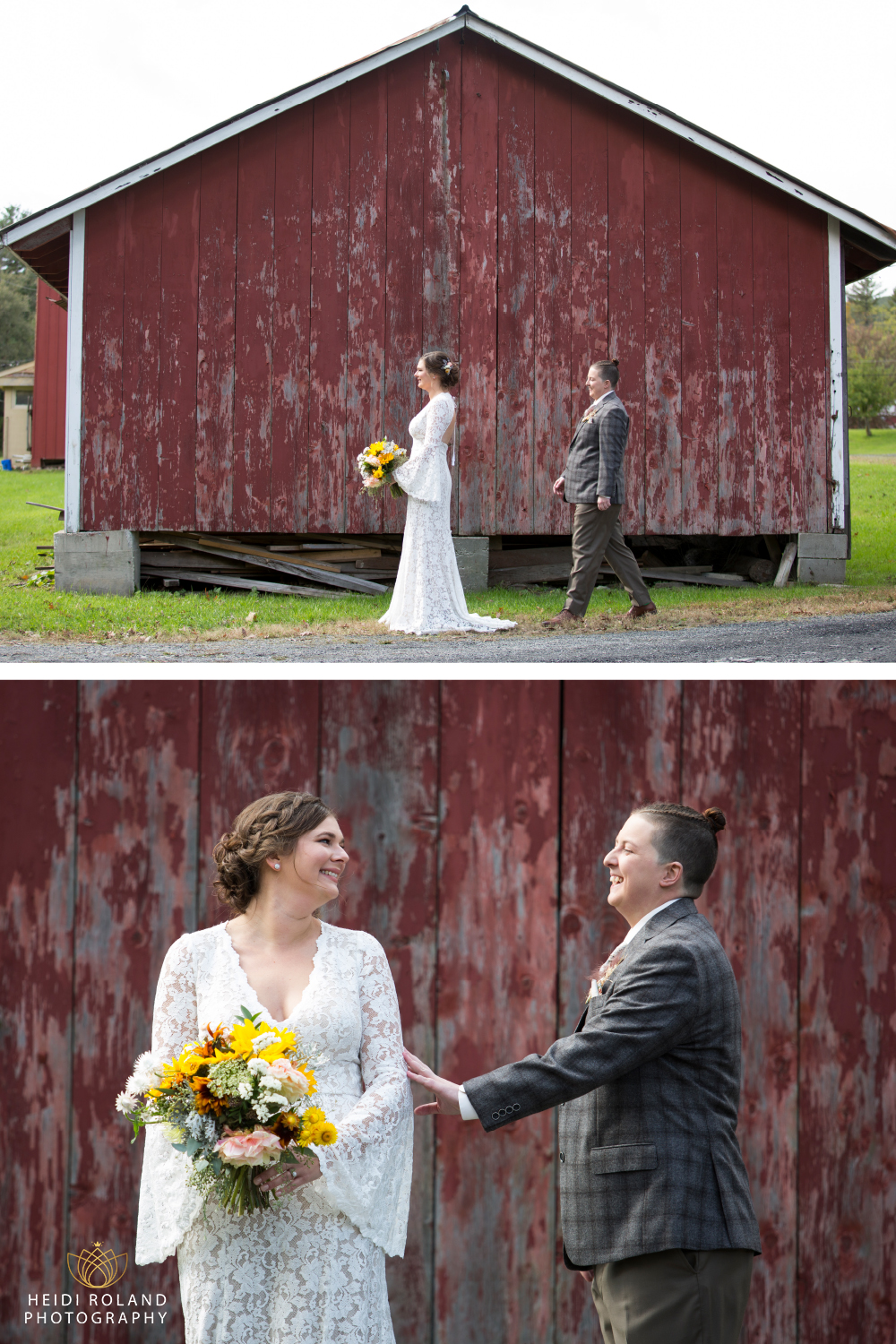 Memorytown red barn wedding couple first look 