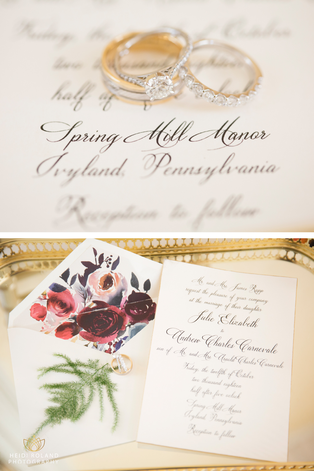 Spring Mill Manor Wedding invitation and rings