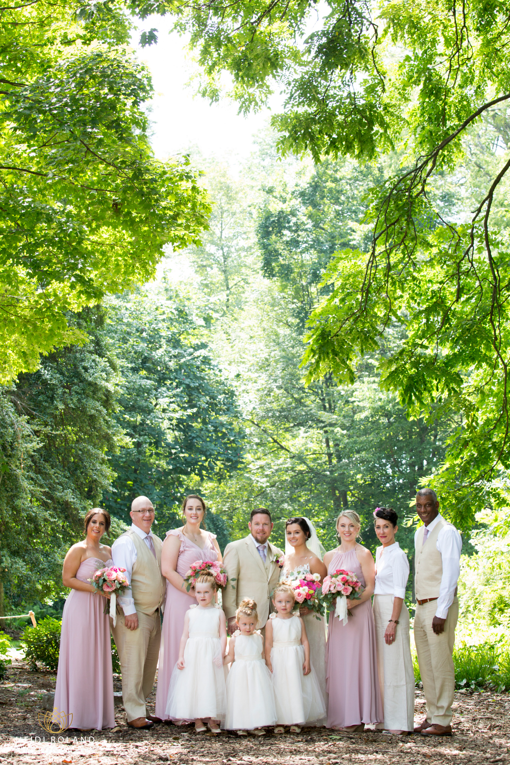 Wedding party in tan and blush at Awbury Arboretum Philadelphia PA