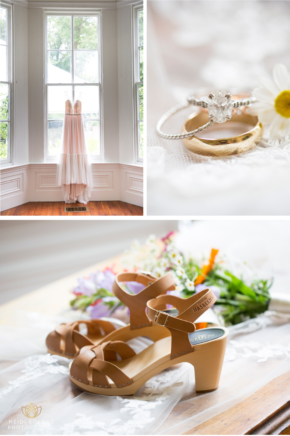 boho bride details, dress, rings, shoes Awbury Arboretum