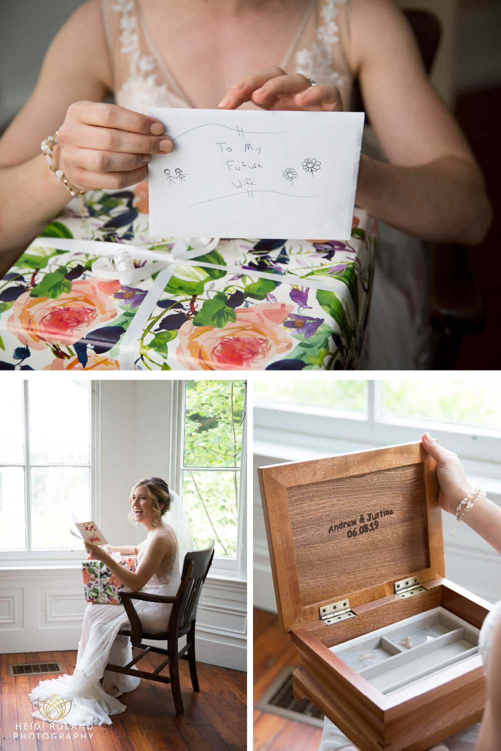 bride opening gift from groom Awbury Arboretum
