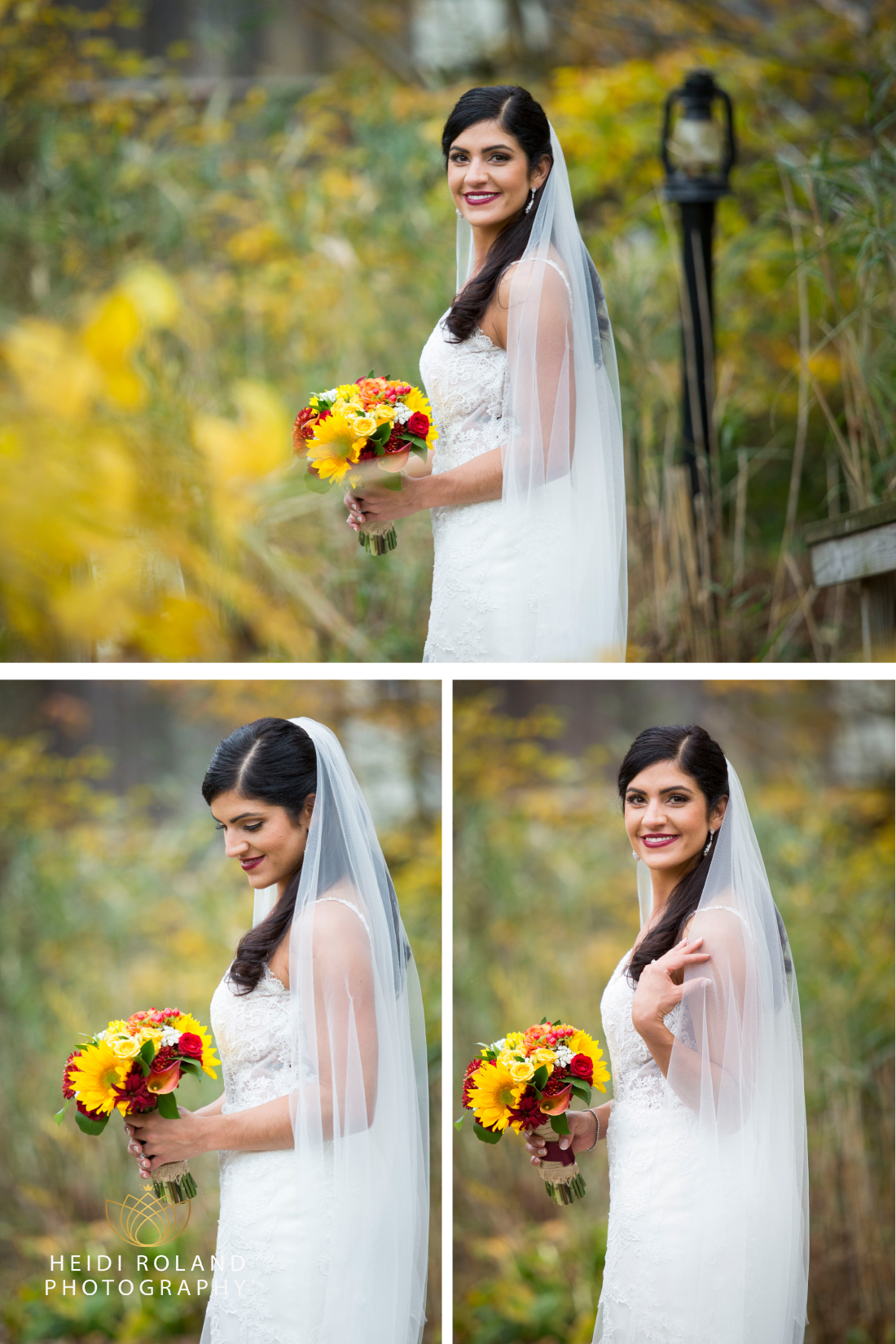 Bride in the woods with fall foliage 