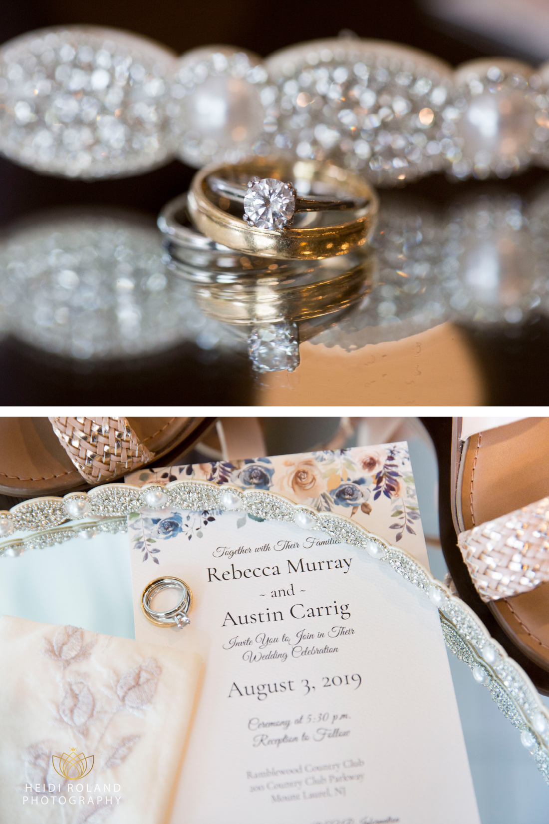 wedding rings and invitation at Ramblewood Country Club