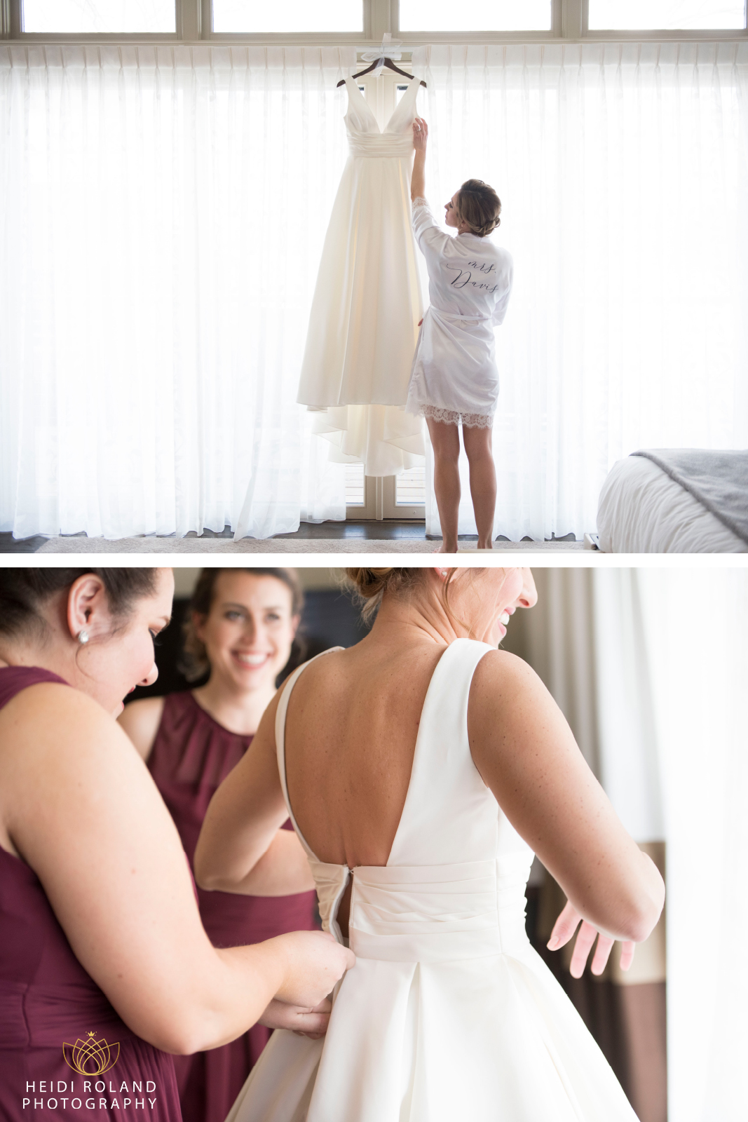 Bride in robe stepping into wedding dress