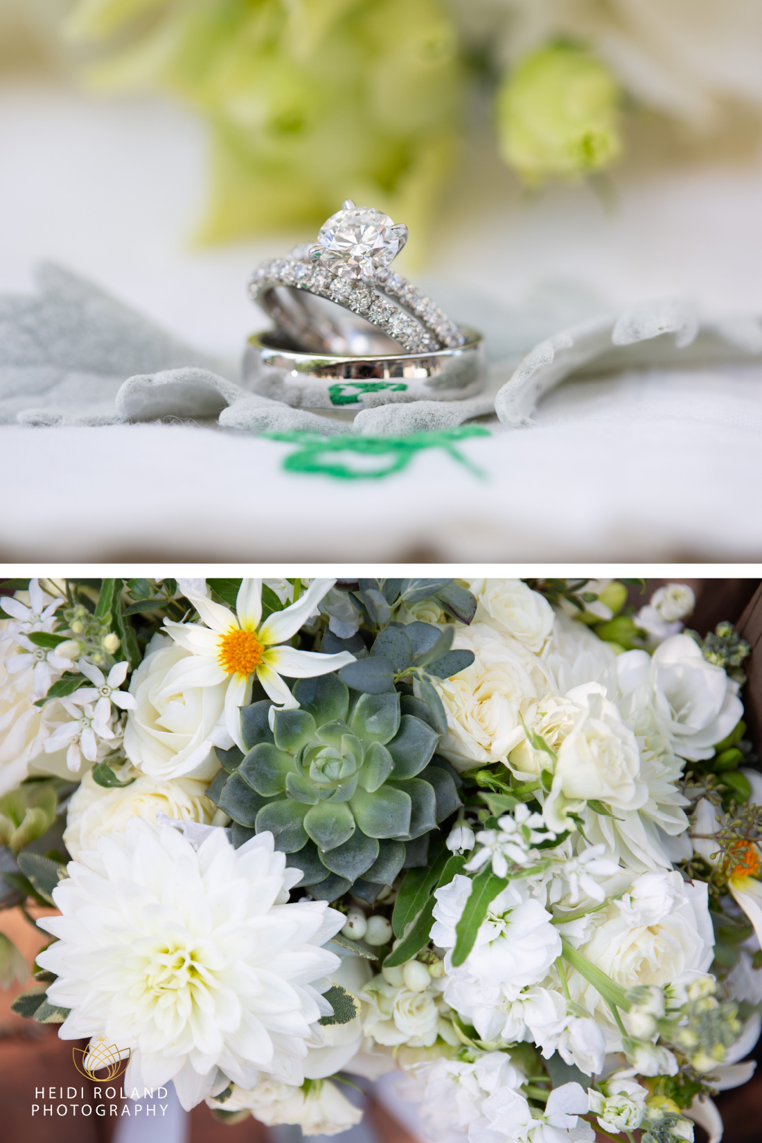 wedding rings and succulent bridal bouquet