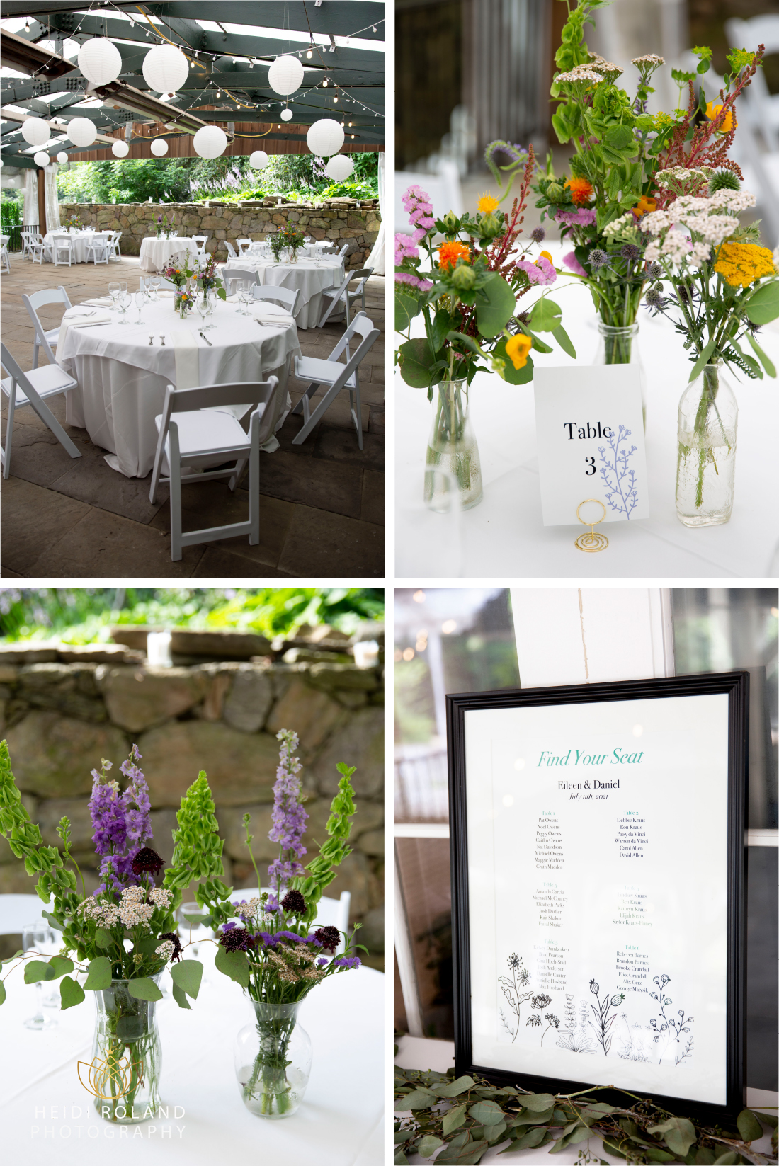 wedding natural reception details, seating chart, flowers