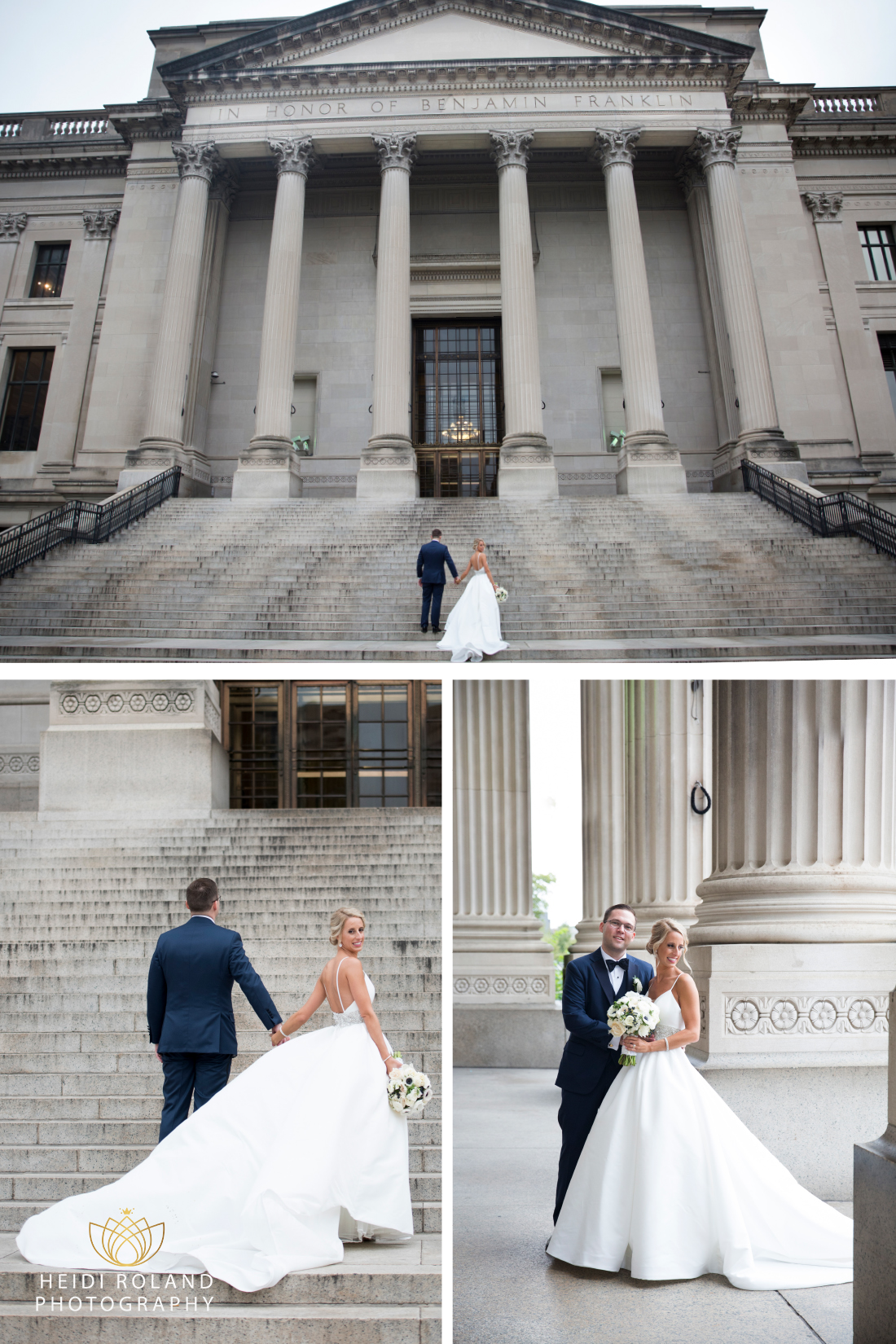 bride and groom on Franklin Institute Museum steps outside in Philadelphia