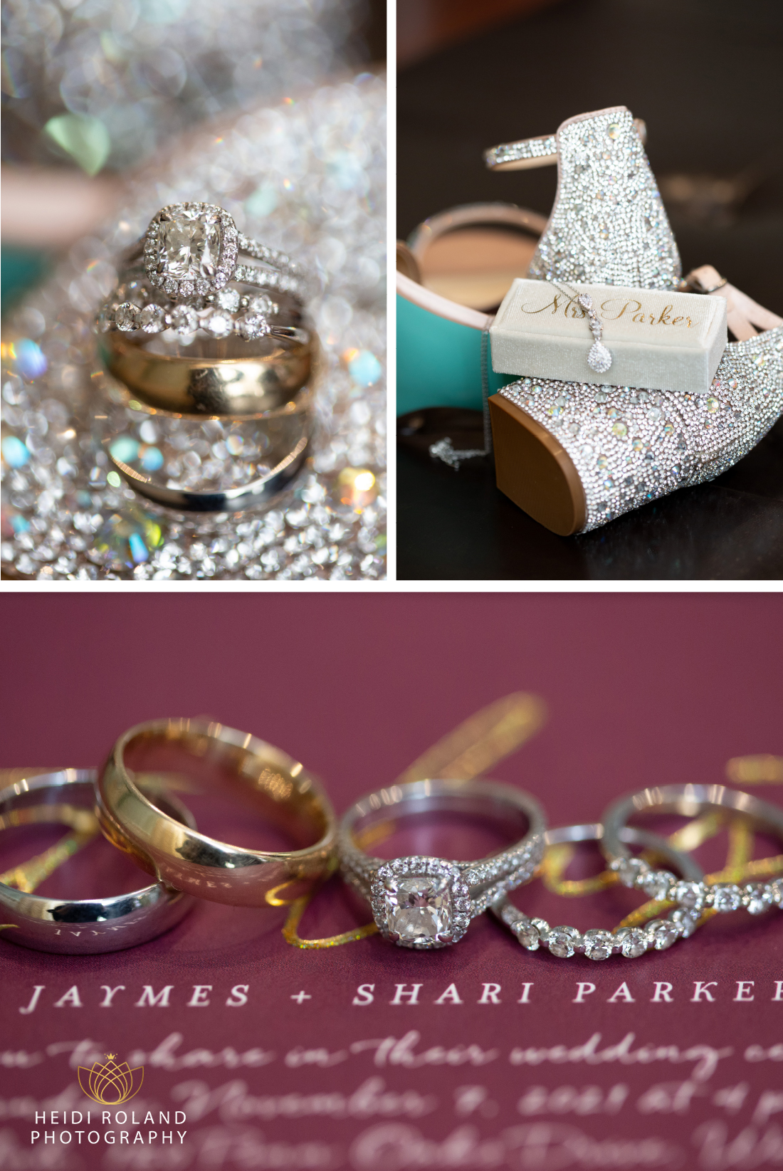 bridal details sparkling shoes, rings and invitation