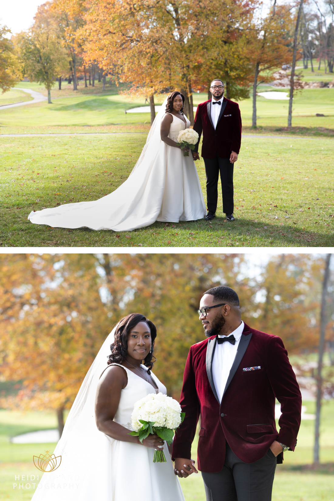fall wedding photos of bride and groom at Penn Oaks Golf Club course