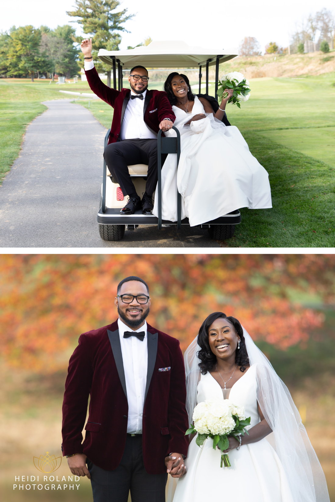 bride and groom in gold cart at Penn Oaks Golf Club Wedding