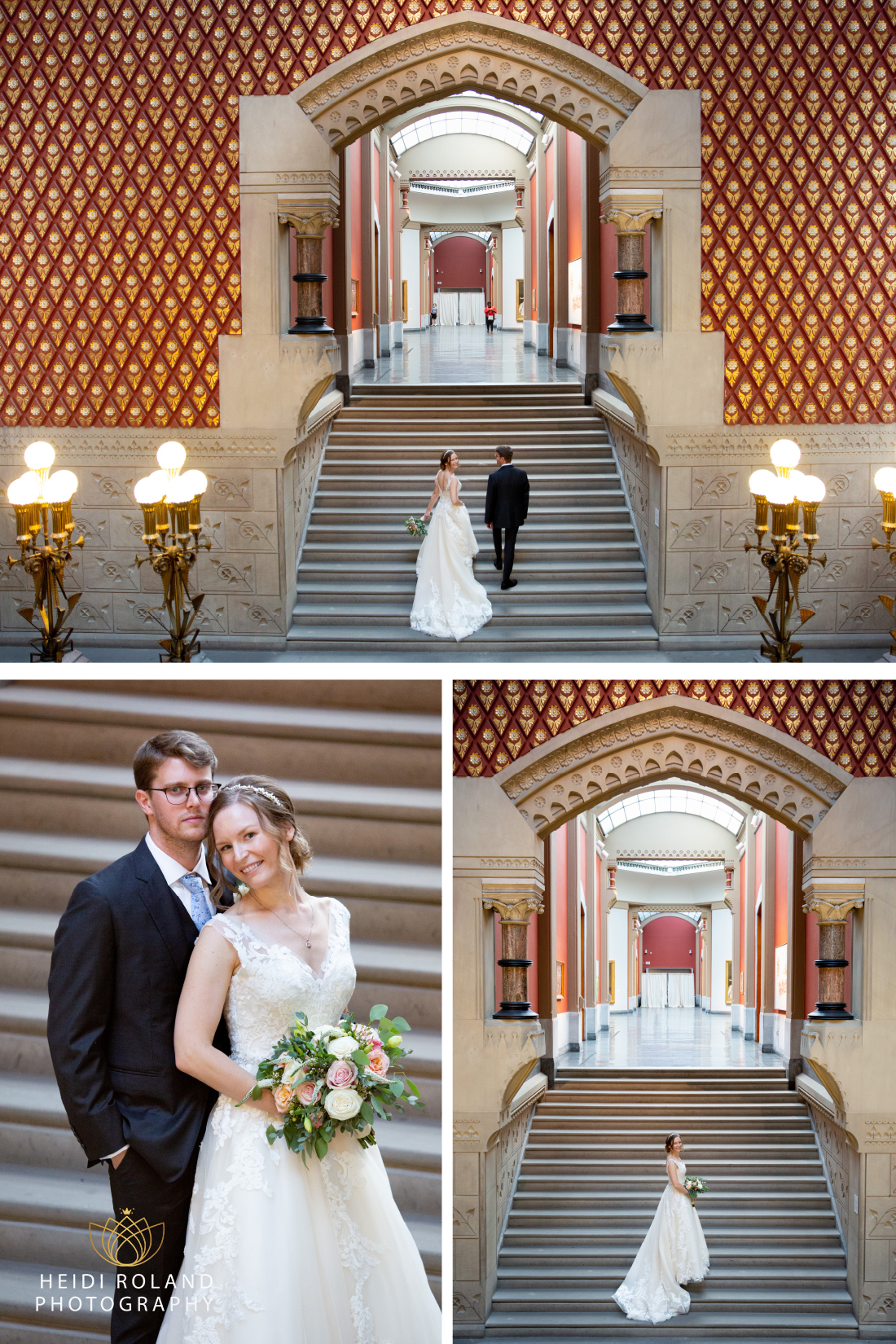 Wedding photos of Bride and groom on Staircase inside PAFA