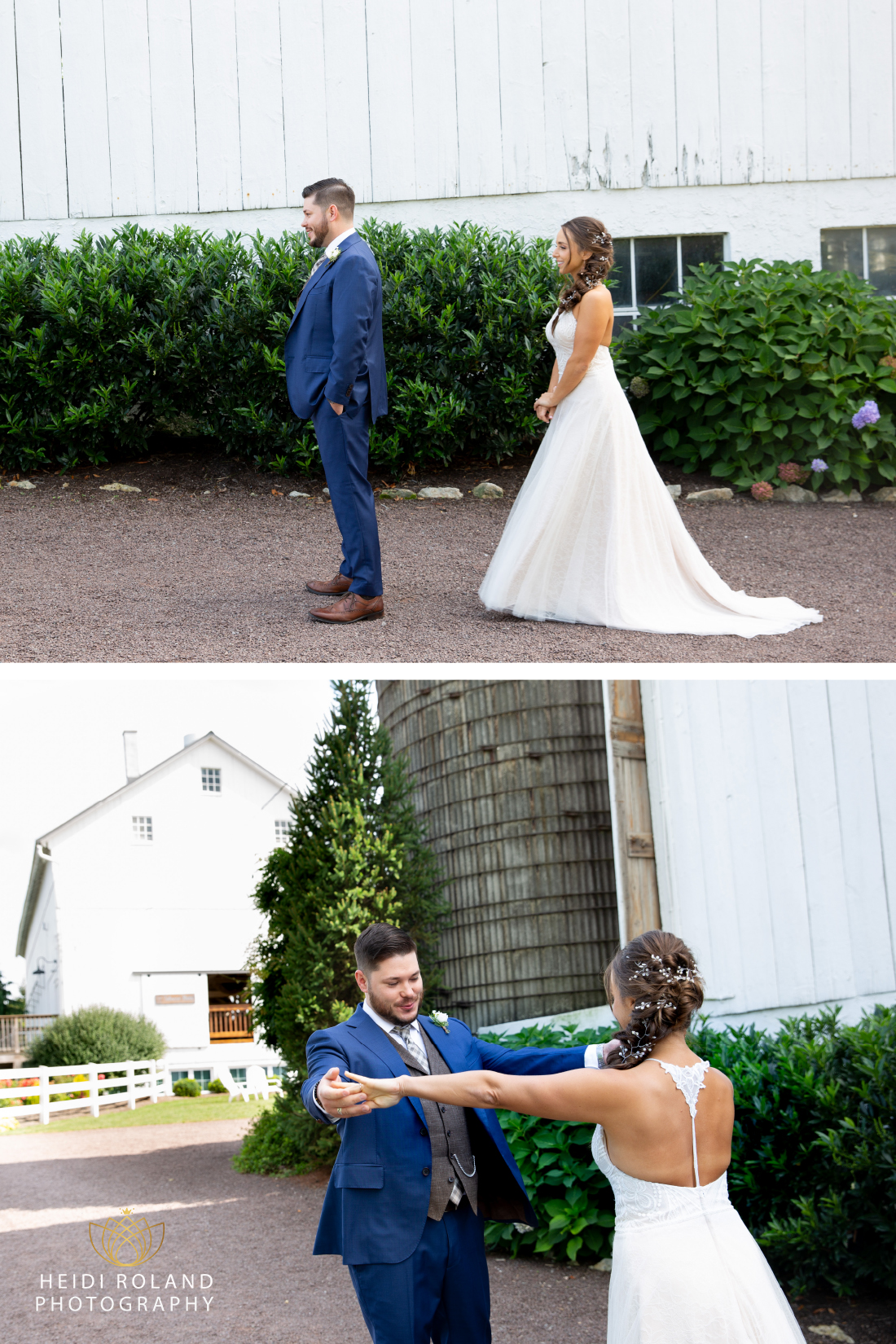bride and groom first look at Stoltzfus homestead PA