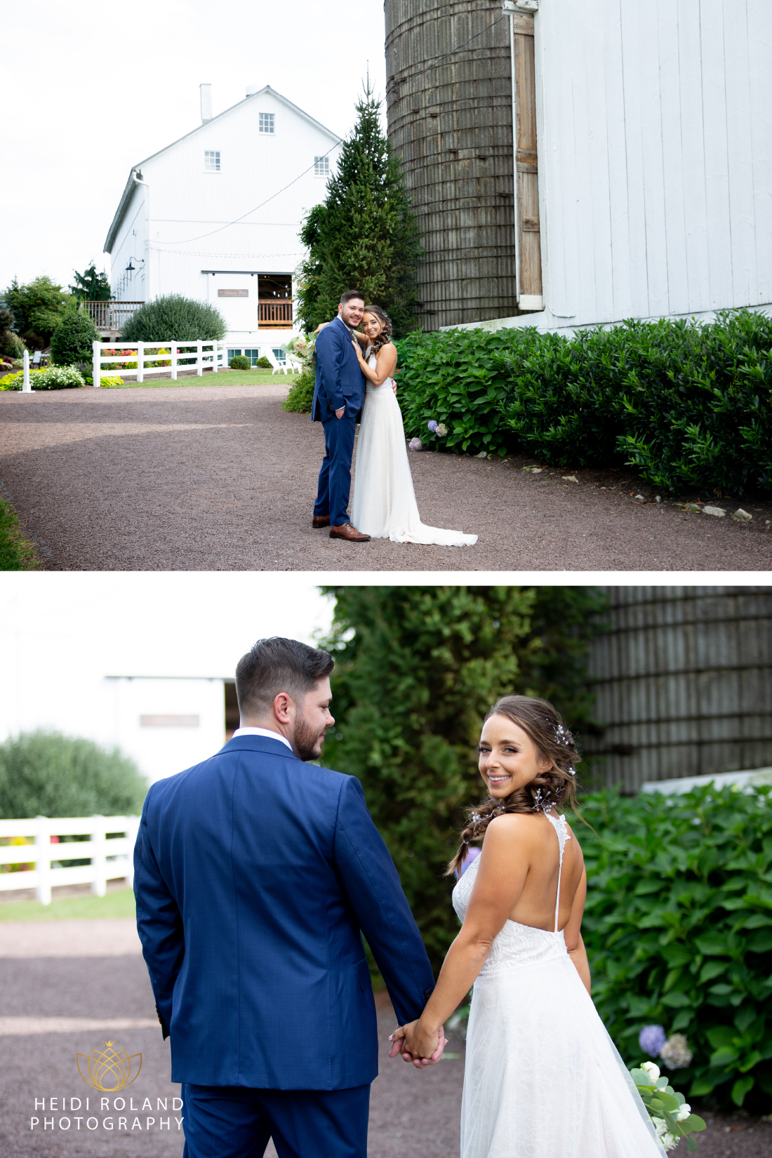 bride and groom in front of white barn at Stoltzfus homestead PA
